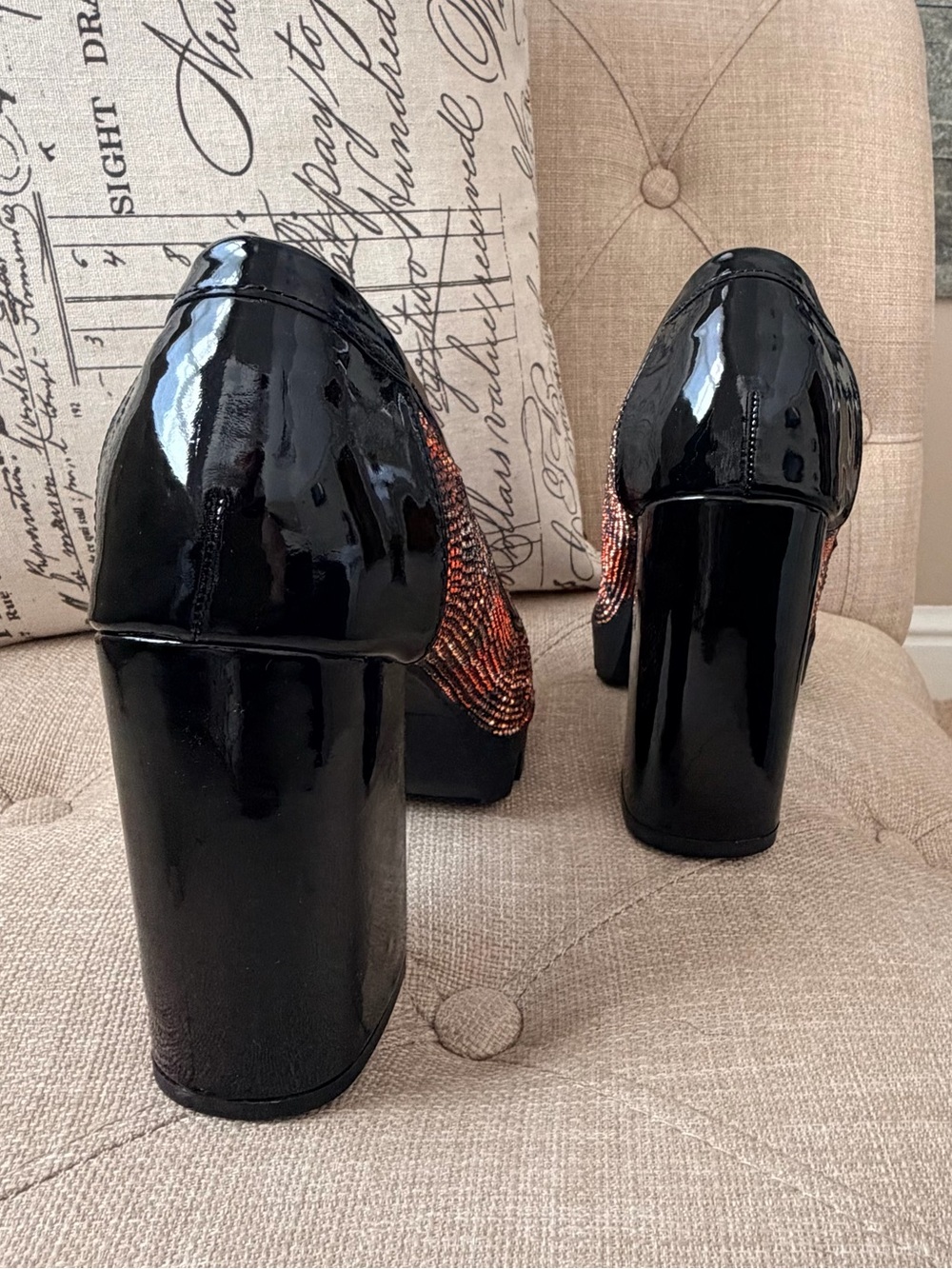 Betsey Johnson Red and Black Glitter Platform Loafer Heels - Picture 4 of 8
